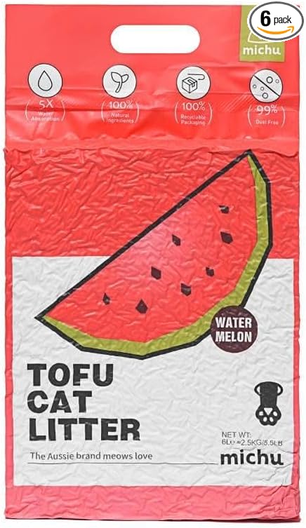 Michu Tofu Cat Litter Natural Clumping Tofu Cat Litter, Fast Clumping and Easily Scoop-able 5.5lb/88oz 5 Scents - Watermelon, 6 Pack