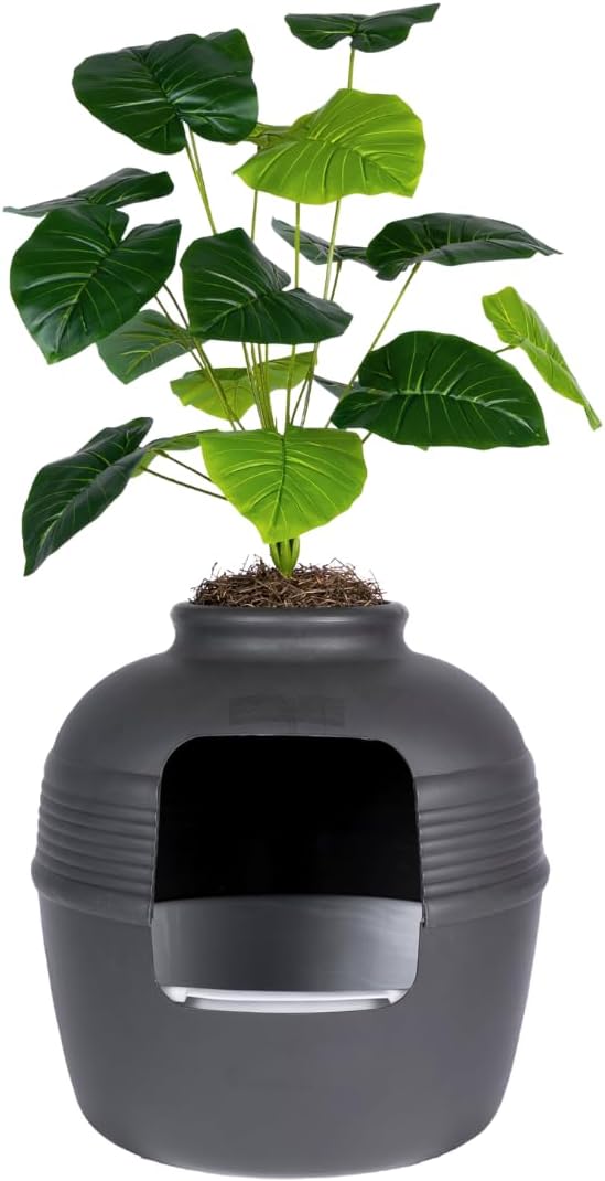 Good Pet Stuff Original Hidden Litter Box Planter, Decorative Cat Litter Enclosure, Carbon Filter, Faux Plant, Round Design, Easy Clean Litter Tray, Essentials Kit, Broad Leaf Plant, Charcoal Black