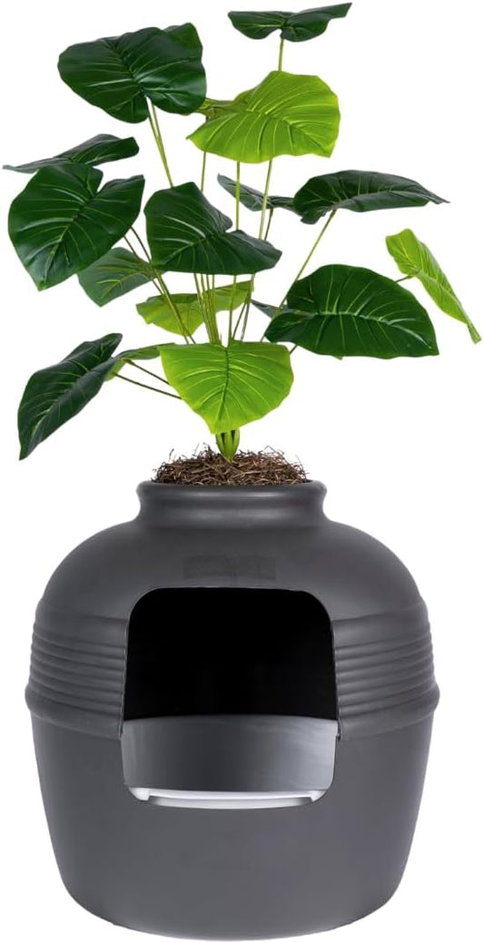 Good Pet Stuff Original Hidden Litter Box Planter, Decorative Cat Litter Enclosure, Carbon Filter, Faux Plant, Round Design, Easy Clean Litter Tray, Essentials Kit, Broad Leaf Plant, Charcoal Black