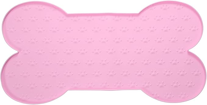 Dog Food Mat, 20x10 Inch Silicone Pet Feeding Mat Non-Slip Bone Shaped Waterproof Dog Water Bowl Tray Raised Edge Protects Floors (Pink), Intended for Pets Bowl/Fountain