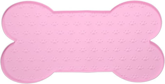 Dog Food Mat, 20x10 Inch Silicone Pet Feeding Mat Non-Slip Bone Shaped Waterproof Dog Water Bowl Tray Raised Edge Protects Floors (Pink), Intended for Pets Bowl/Fountain