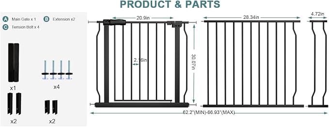 Extra Wide 62.2-66.93 Inch Large Baby Gates for Stairs, Doorways - No Drilling, Indoor Tension Pressure Mounted Pet Gates for Kids & Dogs