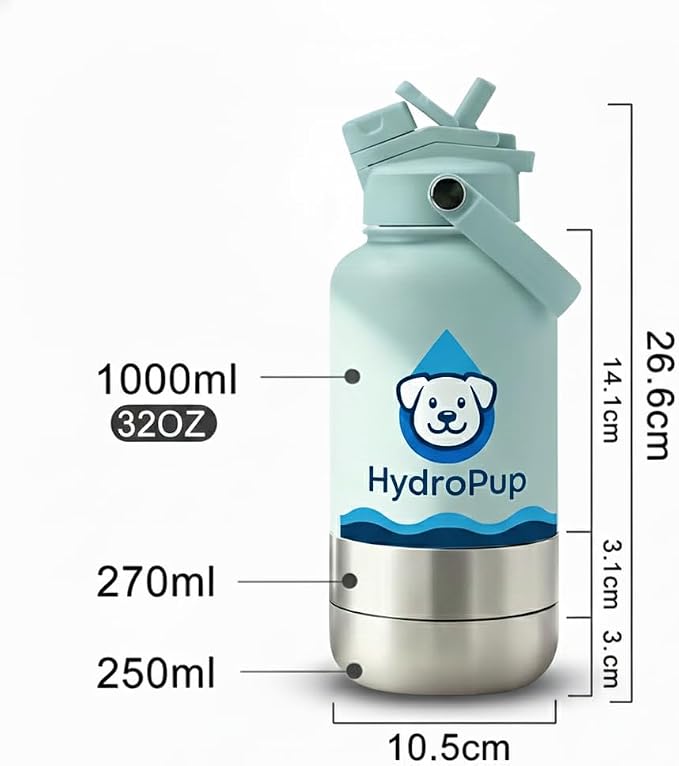 Dog Water Bottle for Walking and Hiking, 32 oz with Bowl Stays Cold