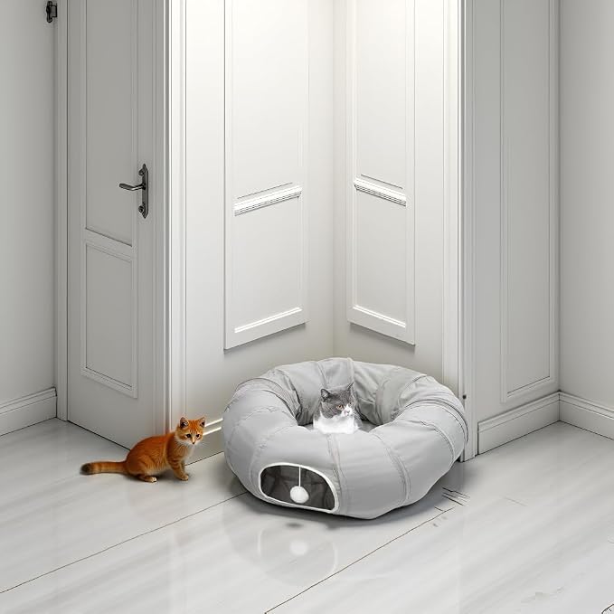 AUOON Cat Tunnel Bed for Indoor Cats - Large Cat Donut Tunnel with Hanging Ball Toy, Collapsible 2-in-1 Multifunctional Interactive Cat Toy for Kitten, Puppy, Rabbit, Ferret (Light Grey)