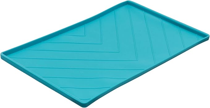 Messy Mutts Silicone Non-Slip Dog Bowl Mat with Raised Edge and Two Sides Reinforced with Metal Rods | Dog/Cat Bowl Mat with Spill-Proof Lip | Large, 24” x 16” | Blue