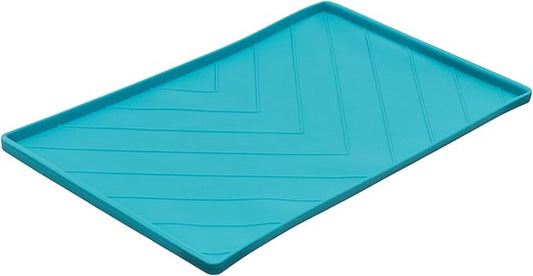 Messy Mutts Silicone Non-Slip Dog Bowl Mat with Raised Edge and Two Sides Reinforced with Metal Rods | Dog/Cat Bowl Mat with Spill-Proof Lip | Large, 24” x 16” | Blue