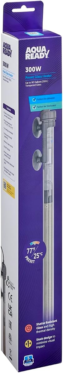 AquaReady 300w Preset Aquarium Heater - Submersible Fish Tank Heater for Freshwater & Saltwater Aquariums, Reliable & Energy Efficient, Compact Design for 65-90 Gallon Tanks