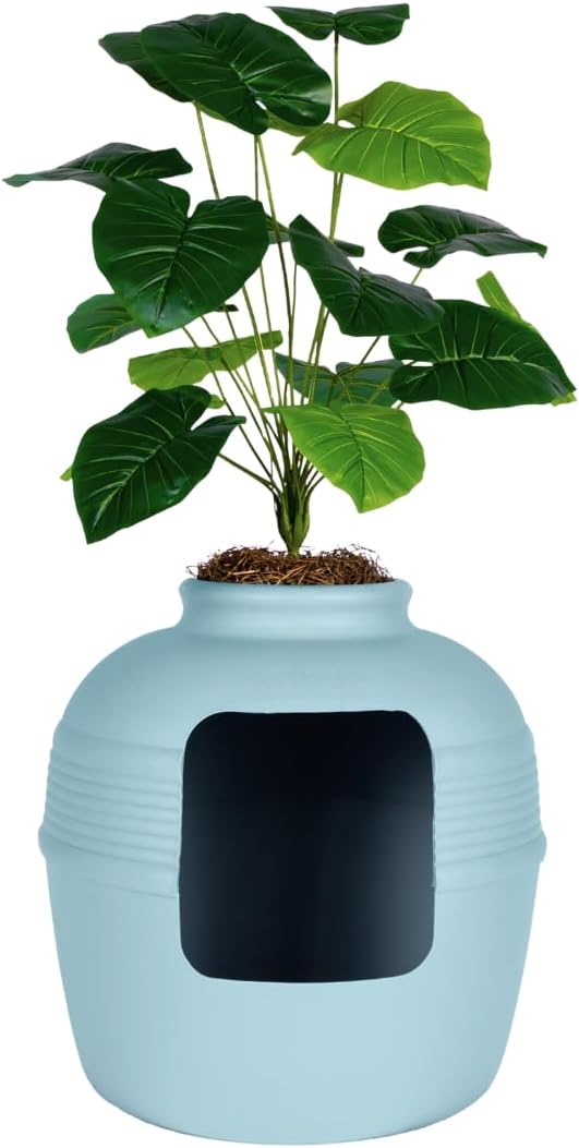 Good Pet Stuff Original Hidden Litter Box Planter, Decorative Cat Litter Enclosure, Carbon Filter, Faux Plant, Round Design, Easy to Clean, Base Kit, Broad Leaf Philodendron, Coastal Blue