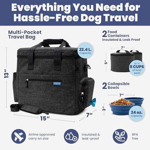 Rubyloo Original Doggy Bag (Charcoal) & 32oz Insulated Water Bottle with Attached 8oz Bowl (Rescued is My Favorite Breed) – Dog Travel Bag & Hydration Set