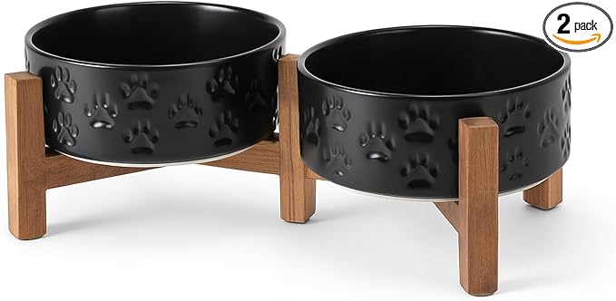 SPUNKYJUNKY Ceramic Elevated Dog Bowl Set with Acacia Wood Stand for Food and Water for Cats and Small Dogs (13.52 OZ, Black, Dog Paw Pattern)