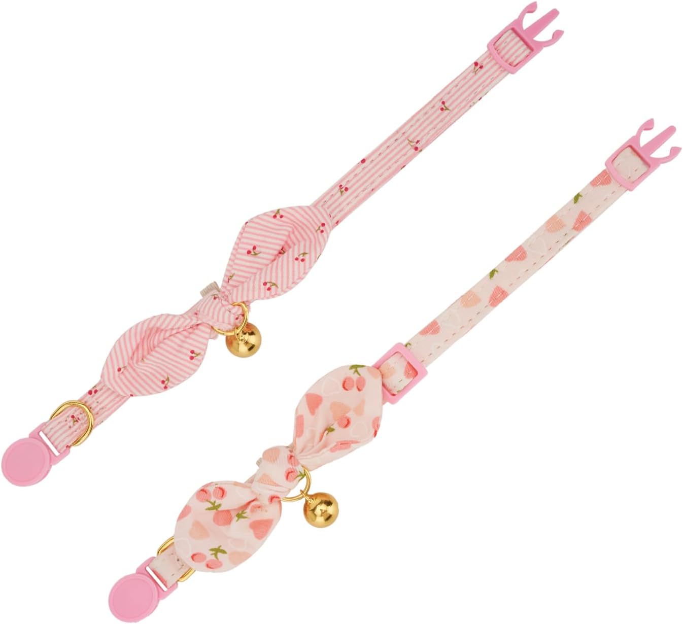 2 Pack Breakaway Cotton Cat Collars with Cute Bunny Ear Bowtie and Bell, Pink Floral Female Kitten Collars