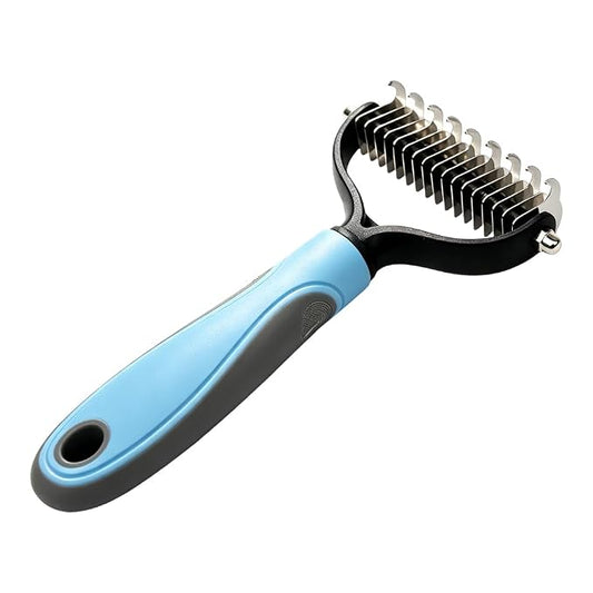 Double Sided Dematting Comb for Cats & Dogs, Undercoat Rake for Small & Large Breeds, Safe Deshedding Grooming Tool for Long Thick Haired Pets, Ergonomic Pet Grooming Brush (Blue, Small)