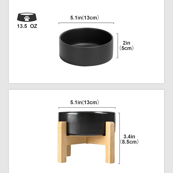 SPUNKYJUNKY Ceramic Elevated Dog Bowls 2 Pack - 5.1inch Raised Dog Bowls with Non-Slip Wooden Stand for Small Dogs Dishwasher Safe(Black,13.5OZ*2)