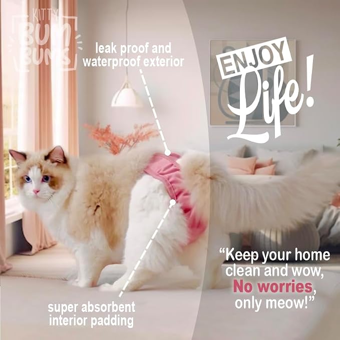 Kitty Bum Bums Reusable Cat Diapers and Stud Pants to Prevent Pee Marking - with Adjustable Tabs to Fit (Pack of 3) (Large)
