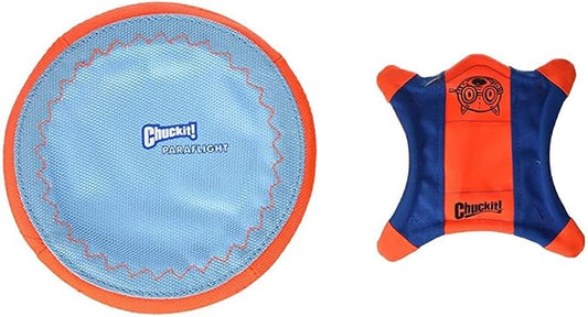Chuckit! Paraflight Flying Disc Dog Toy, Small (6.75") and Chuckit! Flying Squirrel Fetch Dog Toy, Size Medium (9.5" Diameter)