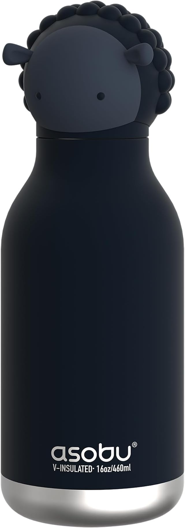 asobu Bestie Bottle Insulated Stainless Steel Water Bottle with Detachable Soft Animal Head Fun Drinking For Kids and Teens16 Ounce (Black Sheep)