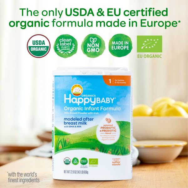 Happy Baby Organics Stage 1 Infant Formula, 0-12M, Modeled After Breast Milk, USDA Organic, Probiotics & Prebiotics, Iron & DHA, 22.9oz x4