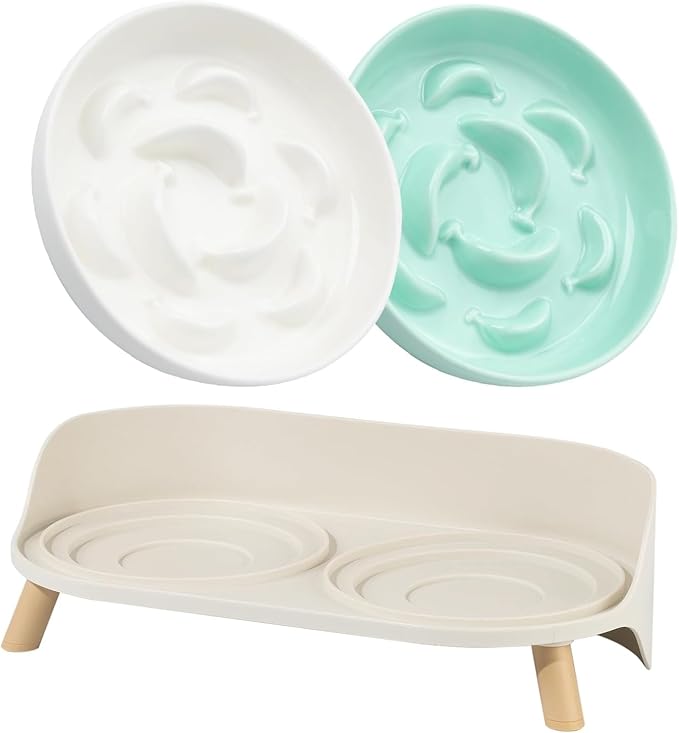 Slow Feeder Cat Bowls with Stand - Double Ceramic Cat Dishes and Splash-Proof Base Bundle - Elevated Feeding Station - White & Green
