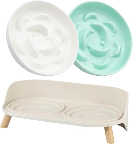 Slow Feeder Cat Bowls with Stand - Double Ceramic Cat Dishes and Splash-Proof Base Bundle - Elevated Feeding Station - White & Green