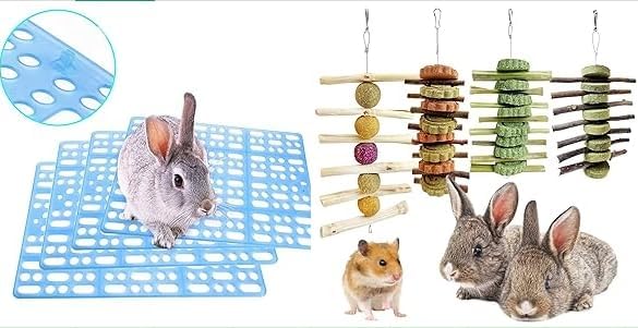Hamiledyi 4 Pcs Rabbit Cage Mats Small Animal Plastic Feet Pads Floor Mat 4PCS Bunny Chew Toys Rabbit Toys for Teeth Grinding Natural Fruit Sticks Timothy Grass Small Animal Chew Toys and Treats
