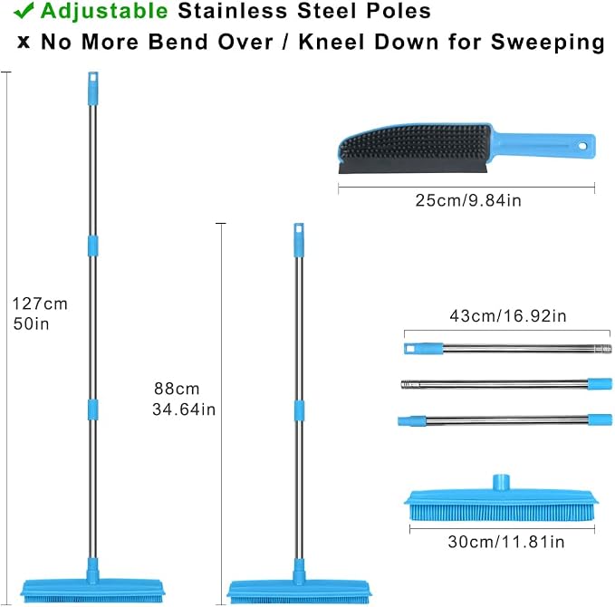 Landhope Fur Remover Broom, Rubber Broom with Squeegee Long Handle, 50 inches Sweeping Rug Brush Clean Carpet Windows Wooden Floor Sofa Bathroom Rugs Car Floor No Scratch