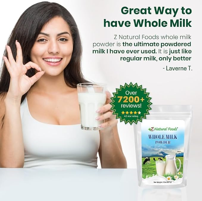 Z Natural Foods Premium Whole Milk Powder - Powdered Milk for Baking, Cooking, Drinks - Dry Milk Powder, Pasteurized, Non-GMO, Gluten-Free, Kosher-Certified, 2 lbs