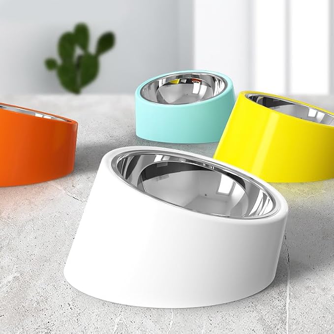 15° Tilted Dog Bowl for Small Dogs Flat-Faced Breeds - Anti-Choke Ergonomic Elevated Feeder Non-Slip Base - 2-in-1 Detachable Stainless Steel Food & Water Bowls - Pure White Clean & Simple (S, White)