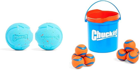 Chuckit! Rebounce Ball Toy - Medium (2.5-inch, Blue) & Ultra Bundle with Cleaning Bucket - Medium (2.5-inch, 8-Pack)