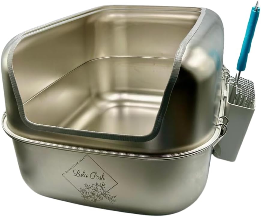 Extra Large Stainless Steel Cat Litter Box with High Sided Enclosure, Odor Resistant Metal Litter Pan, Non-Stick Easy Clean, Includes Scoop & Holder, Leakproof Anti-Scatter Design