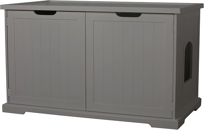 Merry Products Adjustable Pet Cat Washroom Storage Bench Furniture with Removable Partition Wall for All Size Litter Boxes, Gray