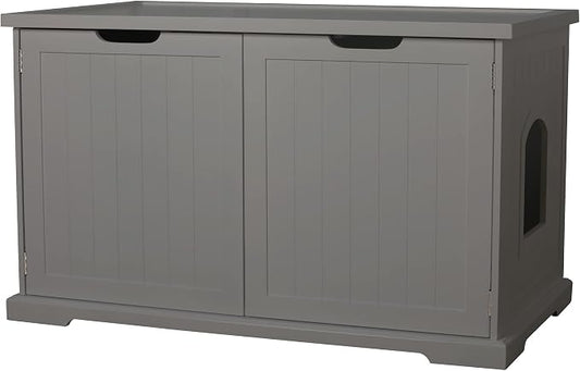 Merry Products Adjustable Pet Cat Washroom Storage Bench Furniture with Removable Partition Wall for All Size Litter Boxes, Gray