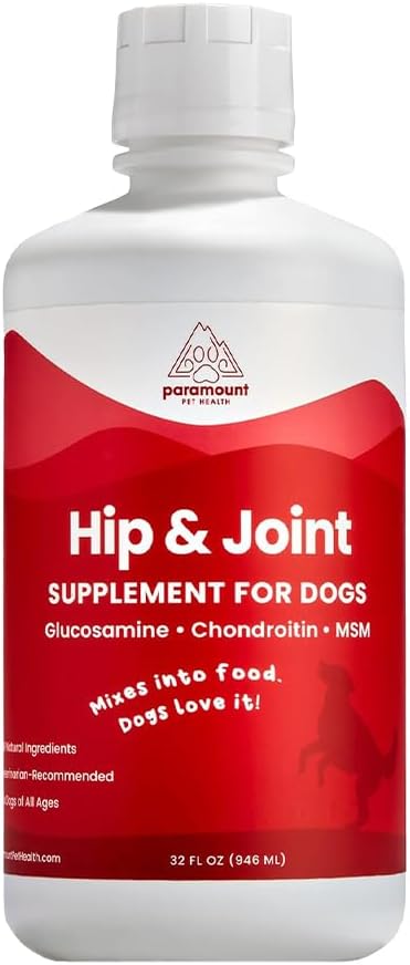 Paramount Pet Health Liquid Glucosamine for Dogs, 1600 mg Glucosamine for Dogs Hip & Joint Supplement, Ideal for Mobility & Comfort, Easy-to-Use Liquid MSM, Chondroitin, Made in USA, 32 oz