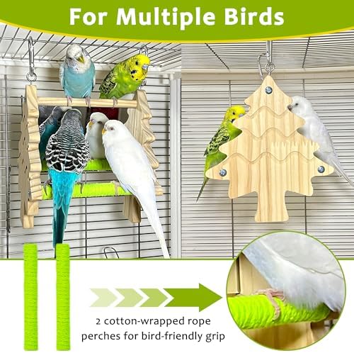 2PCS Natural Wood Bird Spinner Toys & Mirror Perch Set - Chewing Hanging Toys with 2-Sided Mirrors for Cockatiel, Conure, Lovebird, Budgie, Quaker