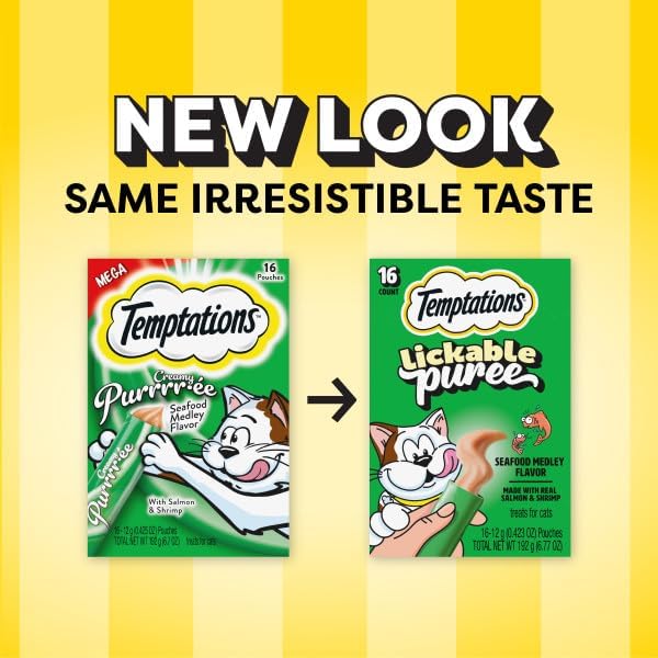 Temptations Creamy Puree Squeezable Lickable Cat Treats, Wet Cat Treats with Salmon and Shrimp, 0.42 oz. Tubes, 16 Count