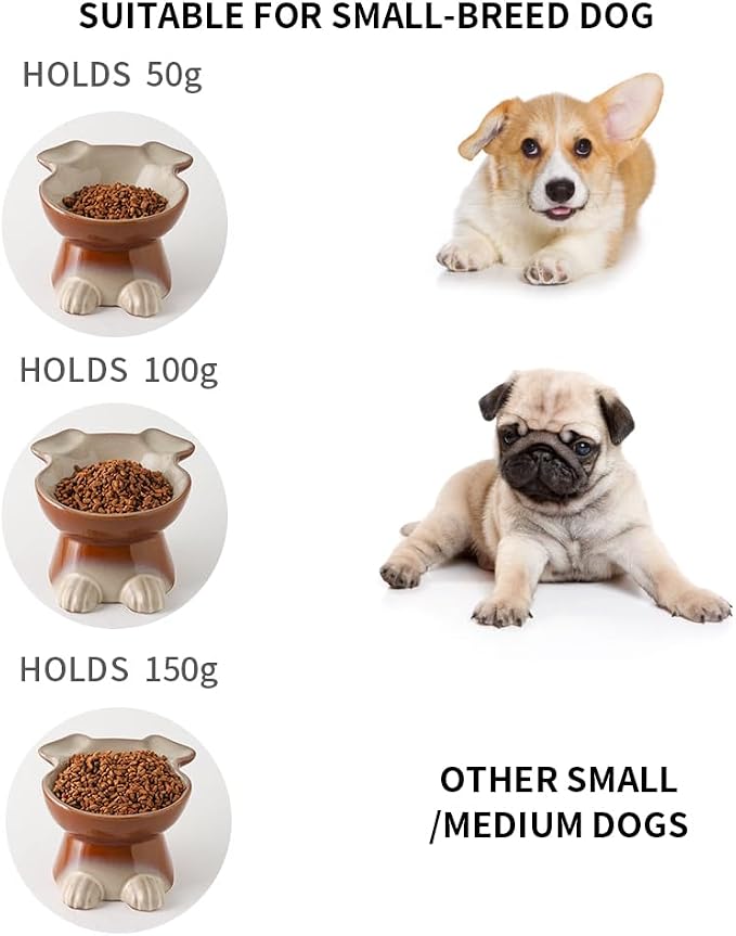 Nihow Dog Food & Water Bowl Set: Elevated Ceramic Dog Bowls for Medium/Small Size Dog - Food Safe Raised Puppy Bowls - Brown Pet Bowl for Protecting Pet's Spine (Set of 2)