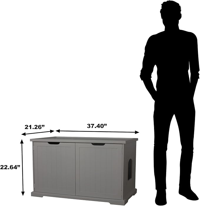 Merry Products Adjustable Pet Cat Washroom Storage Bench Furniture with Removable Partition Wall for All Size Litter Boxes, Gray