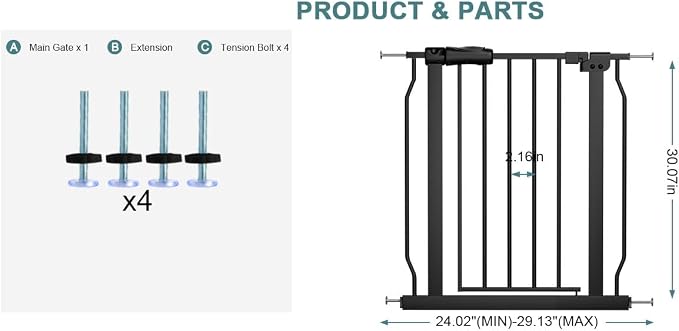 24-29 Inch Narrow Baby Gate, Small Pressure Mounted No Drilling Dog Gate for Stairs & Doorways, Black Metal Safety Gate Indoor for Kids and Pets