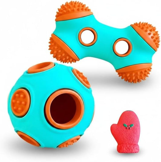 Dog Chew Toys 3 Pack, Squeaky Toy, Treat Dispensing Slow Feeder for Large and Medium Dog, Multifunctional Teeth Cleaning and Gum Massage (Bone-Ball-Glove)