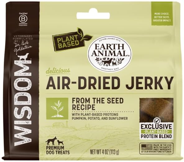 Earth Animal Wisdom Air Dried Jerky - from the Seed Recipe Premium Natural Plant Based Jerky Strips Dog Treats - 4 oz Bag