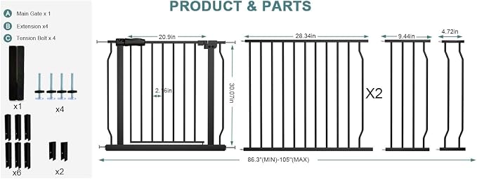 Extra Wide Baby Gate 86.3-105 Inch, Pressure Mounted Pet Gates No Drilling for Stairs & Doorways, Metal White Indoor Safety Gate for Kids and Dogs