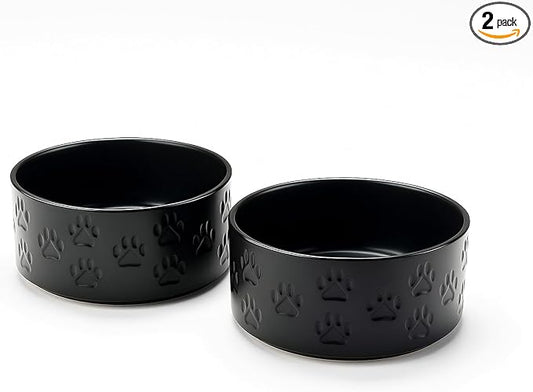 SPUNKYJUNKY Ceramic Dog and Cat Bowls 2 Pack, 6.1'' Dog and Cat Food Water Double Feeding Bowls Non-Slip for Large Sized Breed Microwave Dishwasher Safe - 28.7 OZ, 2pcs, Paw Black