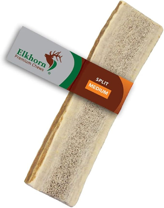 Elkhorn Premium Chews - Medium Split Single Pack (for 20-40 lb Dogs and Puppies) Premium Grade Elk Antler for Dogs (1 Piece) Sourced in the USA