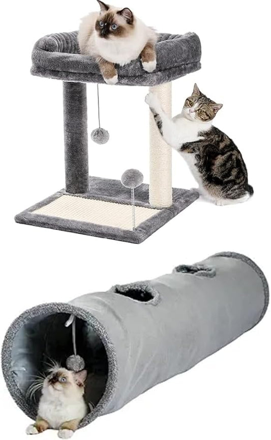 PAWZ Road Cat Scratching Post Bed Bundle with PAWZ Road Cat Tunnel 51 Inches Long Cat Toys Collapsible Tunnel 12 Inches in Diameter