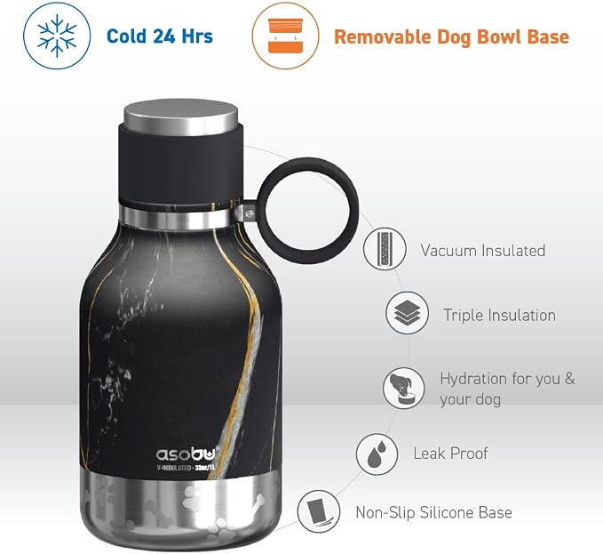 Asobu Buddy Bottle a Stainless Steel Insulated Water Bottle for with Removable Dog Water Bowl and Dog Food and Treat Storage Bowl (Midnight Marble, 37 oz Water Bottle with Bowl)