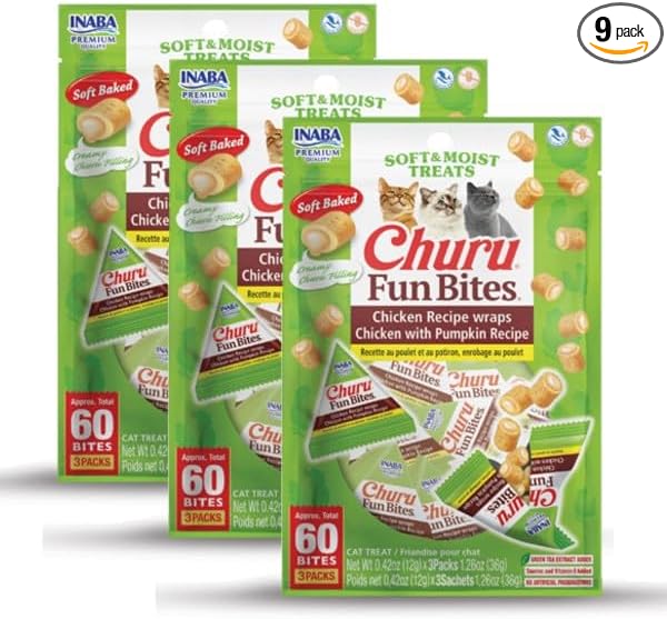 INABA Churu Fun Bites for Cats, Soft & Chewy Baked Chicken Wrapped Filled Cat Treats with Taurine, 0.42 Ounces Each Tetra, 9 Tetras (3 per Bag), Chicken with Pumpkin Recipe