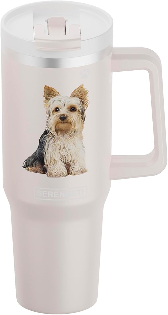 E&S Pets SERENGETI 40 Oz Ultimate Tumbler with Handle and Straw - Vacuum Insulated Tumbler with Straw and Lid - Stainless Steel Travel Mug for Pet Lovers - 3D Designs of your favorite Dog (Yorkie)