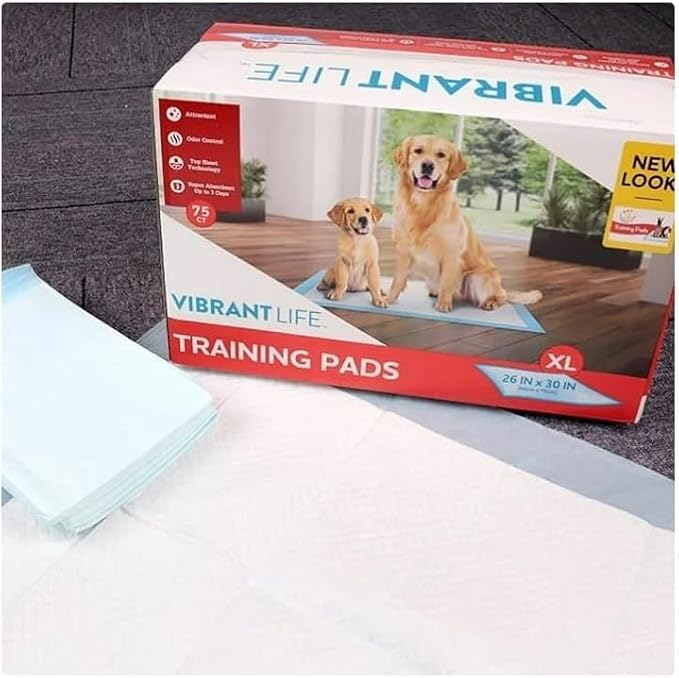 Vibrant Life Training Pads – Super Absorbent, Leak Proof, & Fast Dry Dog and Puppy Pee Pads ~ XL 26 in x 30 in ~ (75 Count) ~ (1 Pack)