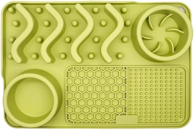 Silicone Dog Feeding Mat – Spill Proof & Non Slip Pet Food Mat with Slow Feeder & Lick Pad – Bowl Holder for Messy Eaters, Waterproof, Dishwasher Safe Dog & Cat Bowl Mat (12 x 8 Inch, Green)