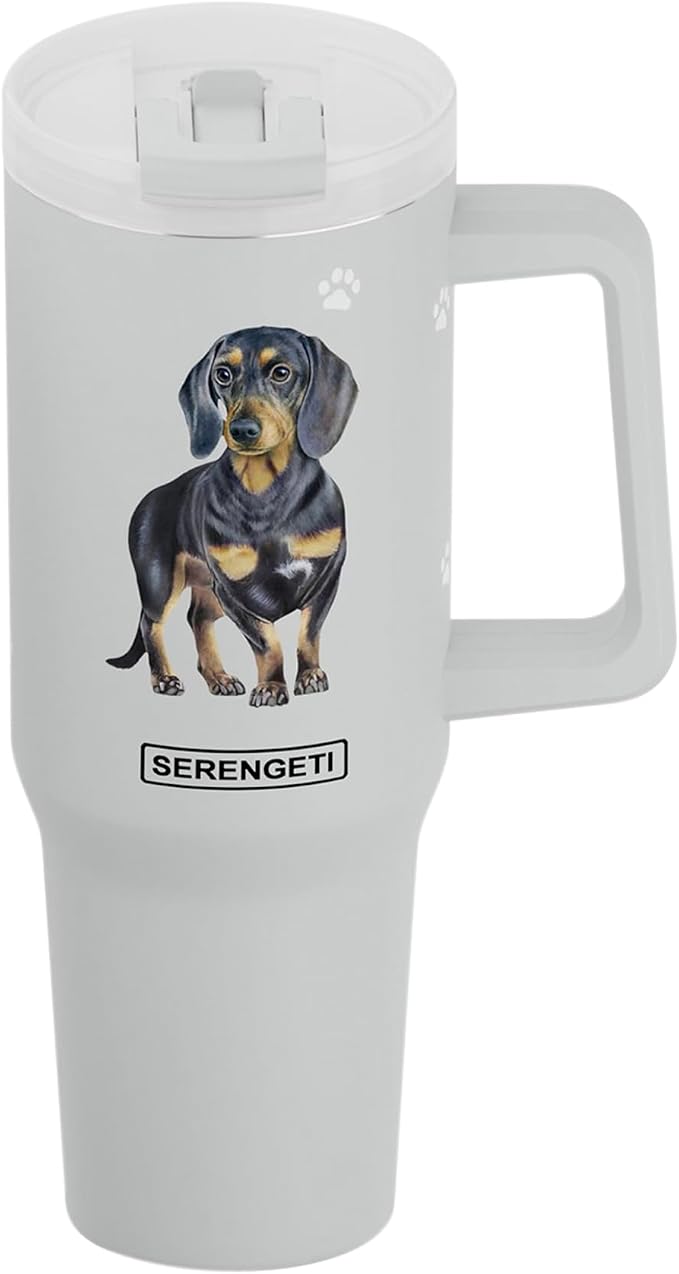 SERENGETI 40 Oz Ultimate Tumbler with Handle and Straw - Vacuum Insulated Tumbler with Straw and Lid - Stainless Steel Travel Mug for Pet Lovers - 3D Designs of your favorite Dog (Black Dachshund)