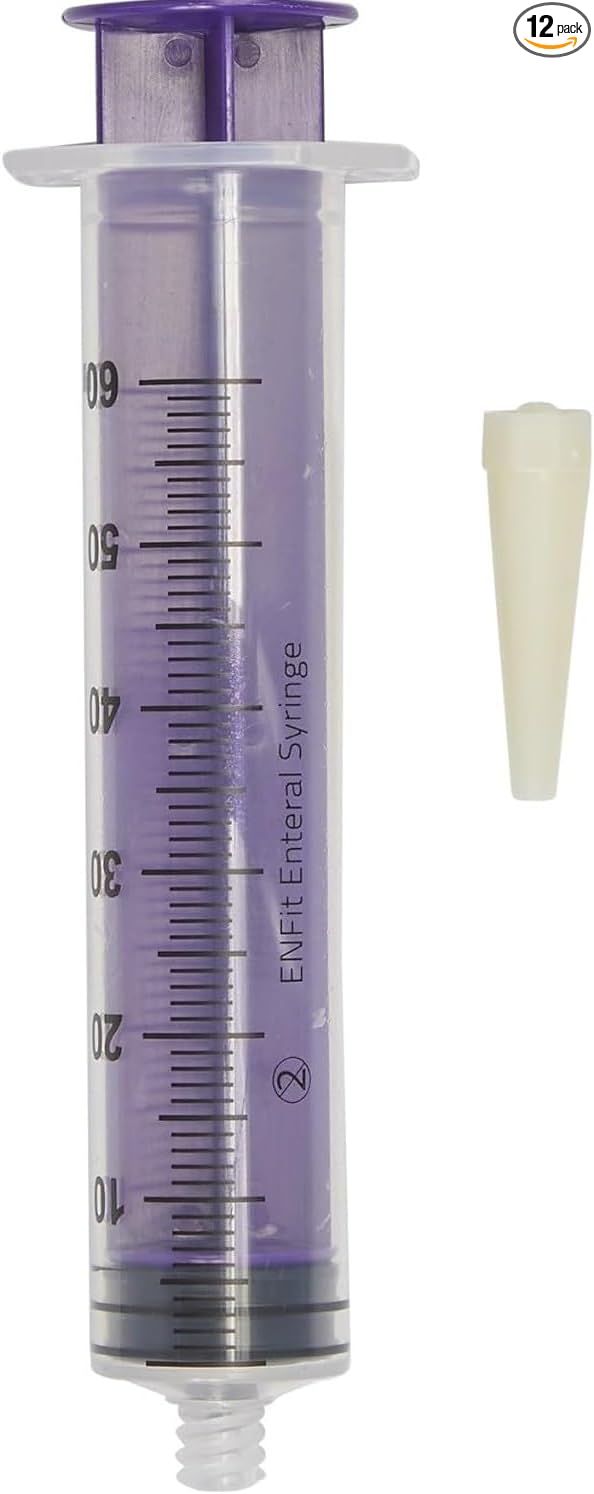 Generic 60cc ENFit Syringe - Flattop W/Trans Connection - Enteral / Oral 60Ml Feeding Irrigation Syringe - Transition Tip included 12 pack, transparent
